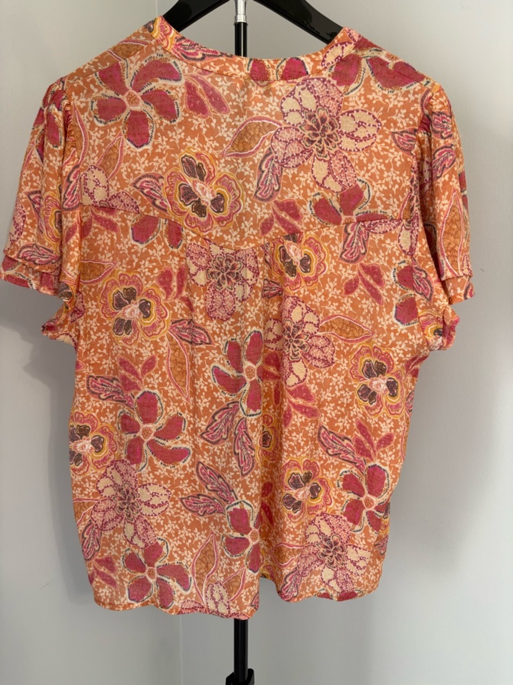 Nanette Lepore Boho Floral Flutter Sleeve V-Neck Blouse XL Orange Pink Eyelet - Picture 4 of 9